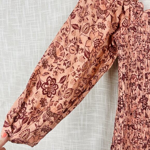Free People Smock To Me Puff Sleeve Ruched Apricot Pink Floral Mini Dress Small - Picture 4 of 7